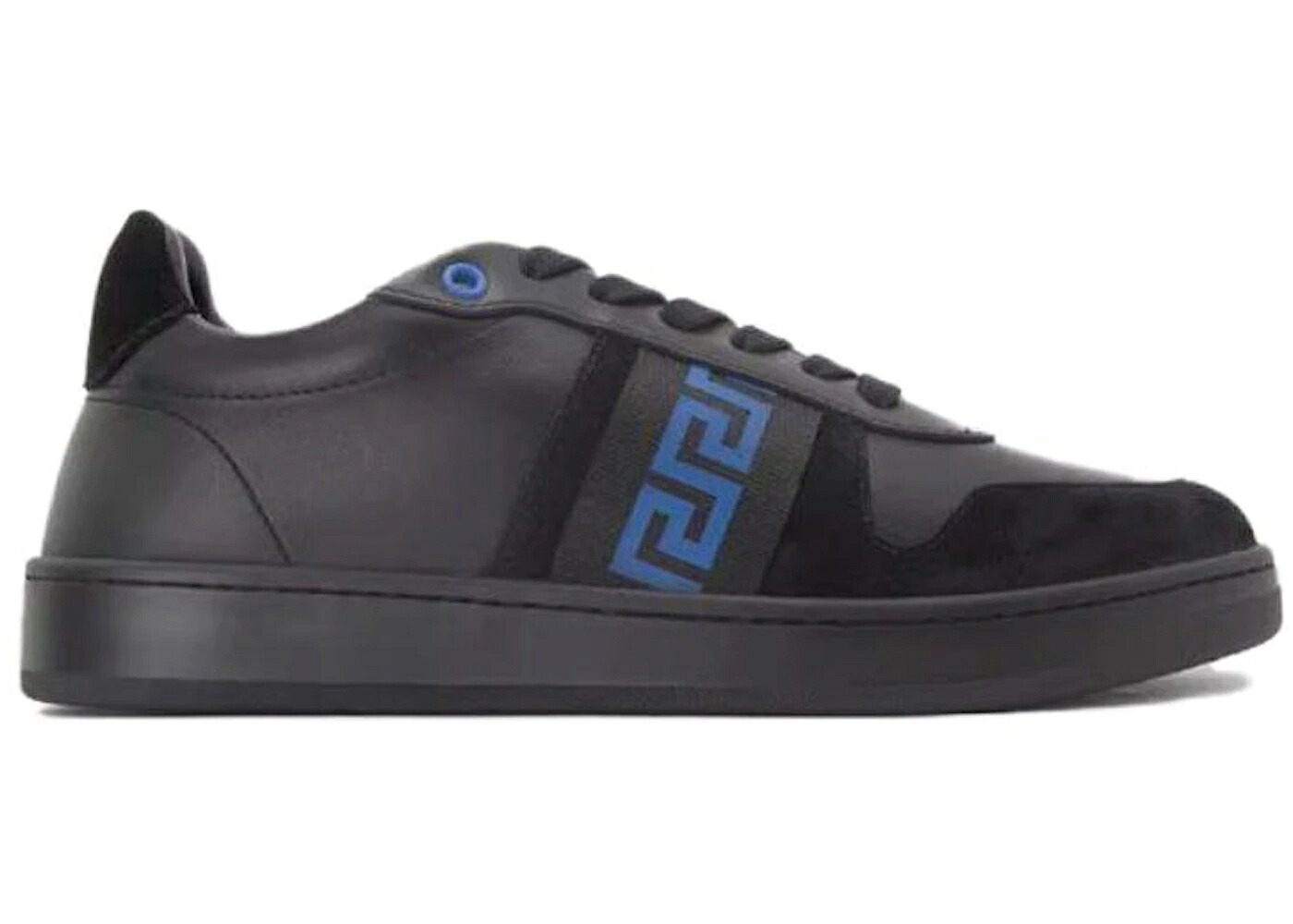 ヴェルサーチェ レザー 靴 スニーカー 黒色 ブラック 青色 ブルー メンズ VERSACE LEATHER LOW TOP SNEAKER BLACK BLUE / BLACK BLUE