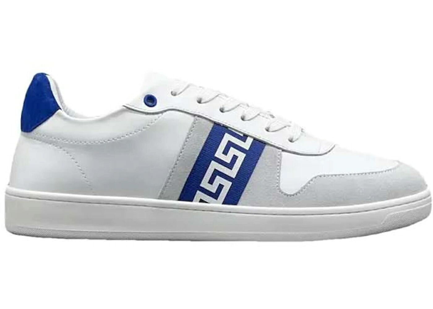 ヴェルサーチェ レザー 靴 スニーカー 白色 ホワイト 灰色 グレー 青色 ブルー メンズ VERSACE LEATHER LOW TOP SNEAKER WHITE GREY BLUE / WHITE GREY BLUE|スニケス