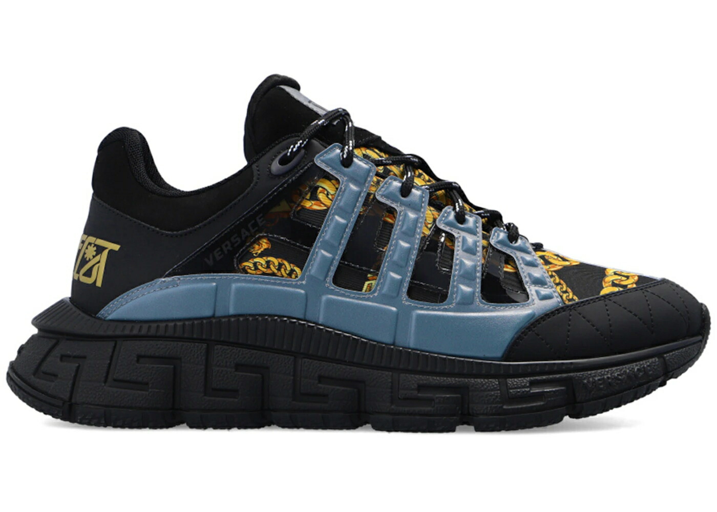 ヴェルサーチェ 黒いこと 黒いこと スニーカー メンズ VERSACE TRIGRECA SIGNATURE CHAIN PINSTRIPE PRINT BLACK MULTI / BLACK MULTICOLOUR