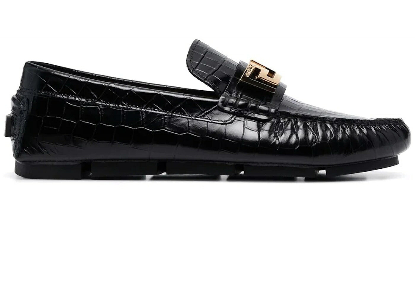 ヴェルサーチェ 置き目毛皮 スニーカー 黒いこと 黒いこと スニーカー メンズ VERSACE GRECA LOAFER CROC BLACK /