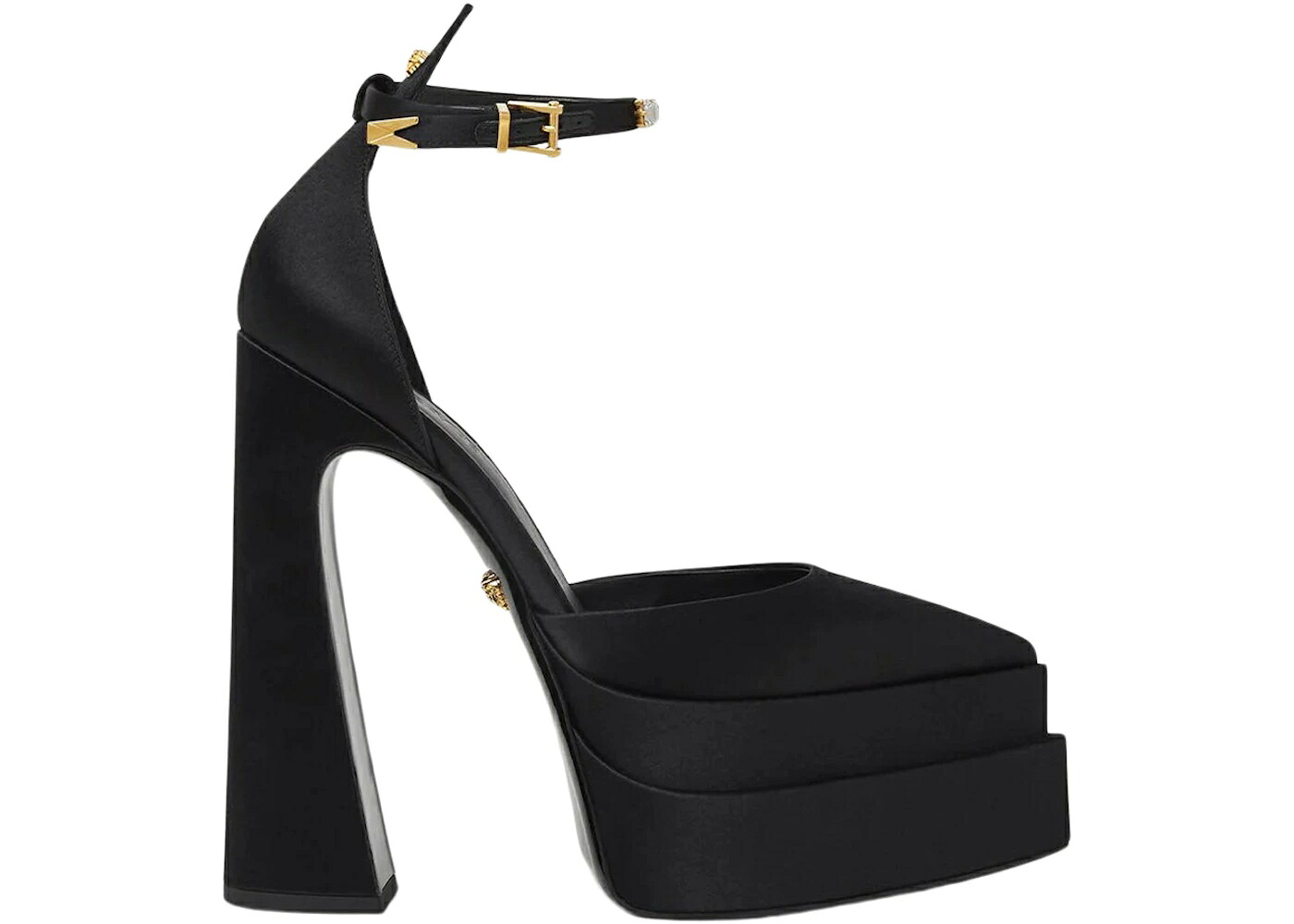 ヴェルサーチェ 黒色 ブラック サテン ゴールド スニーカー レディース VERSACE AEVITAS 160MM POINTY PLATFORM PUMPS BLACK SATIN / BLACK GOLD|スニケス