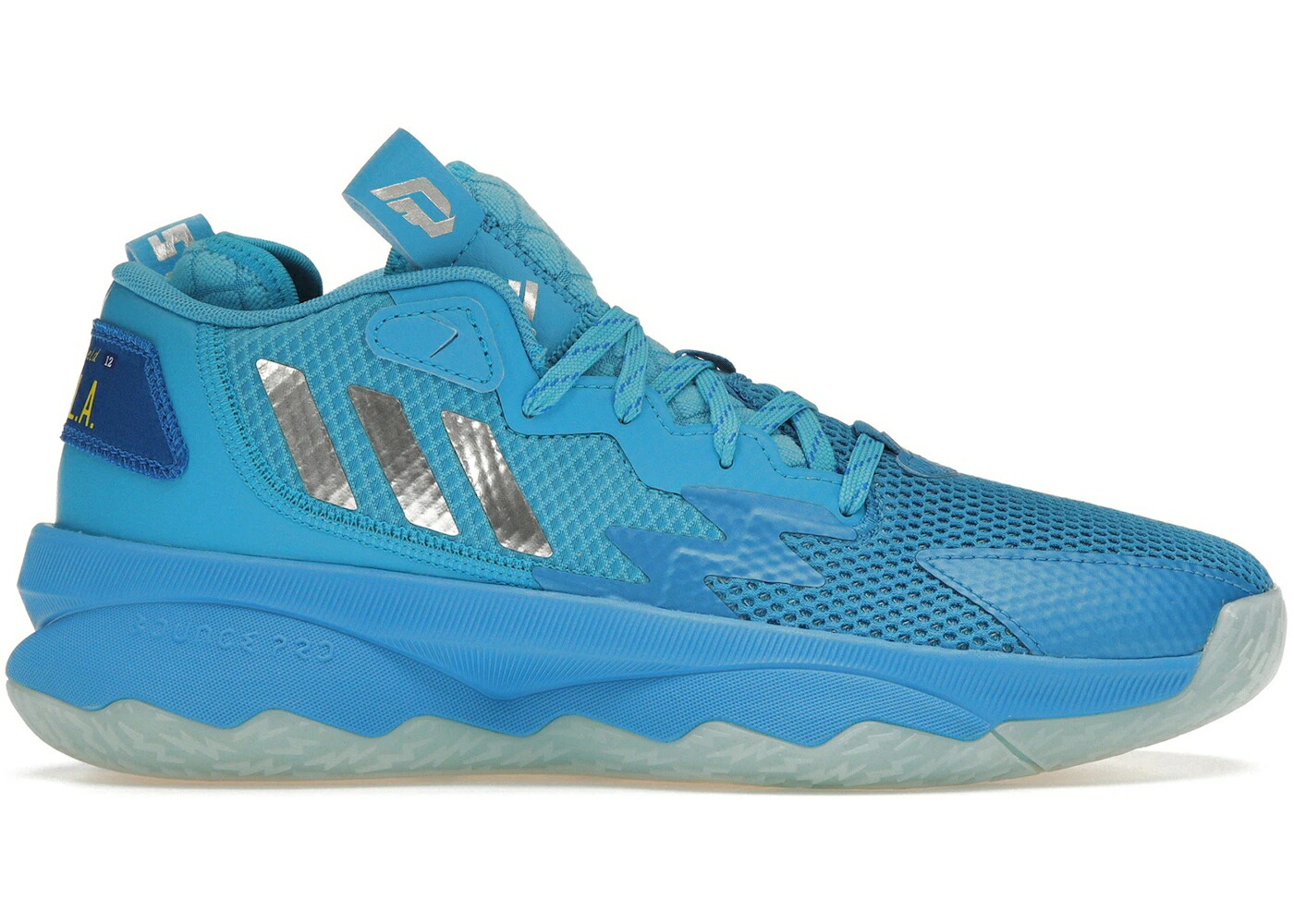 アディダス シアン 銀色 シルバー スニーカー メンズ ADIDAS DAME 8 YOUNG DOLLA / SIGNAL CYAN SILVER METALLIC