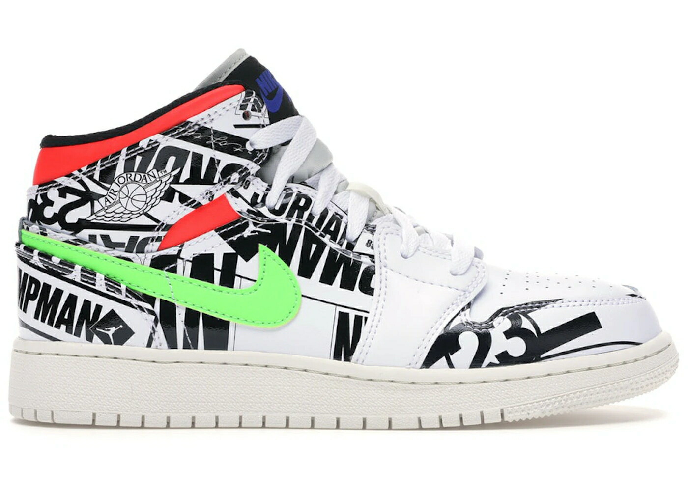 ナイキ ジョーダン ミッド 白色 ホワイト 青色 ブルー 黒色 ブラック ジュニア キッズ JORDAN 1 MID ALL OVER LOGOS (GS) / WHITE RACER BLUE BLACK CYBER ベビー マタニティ スニーカー