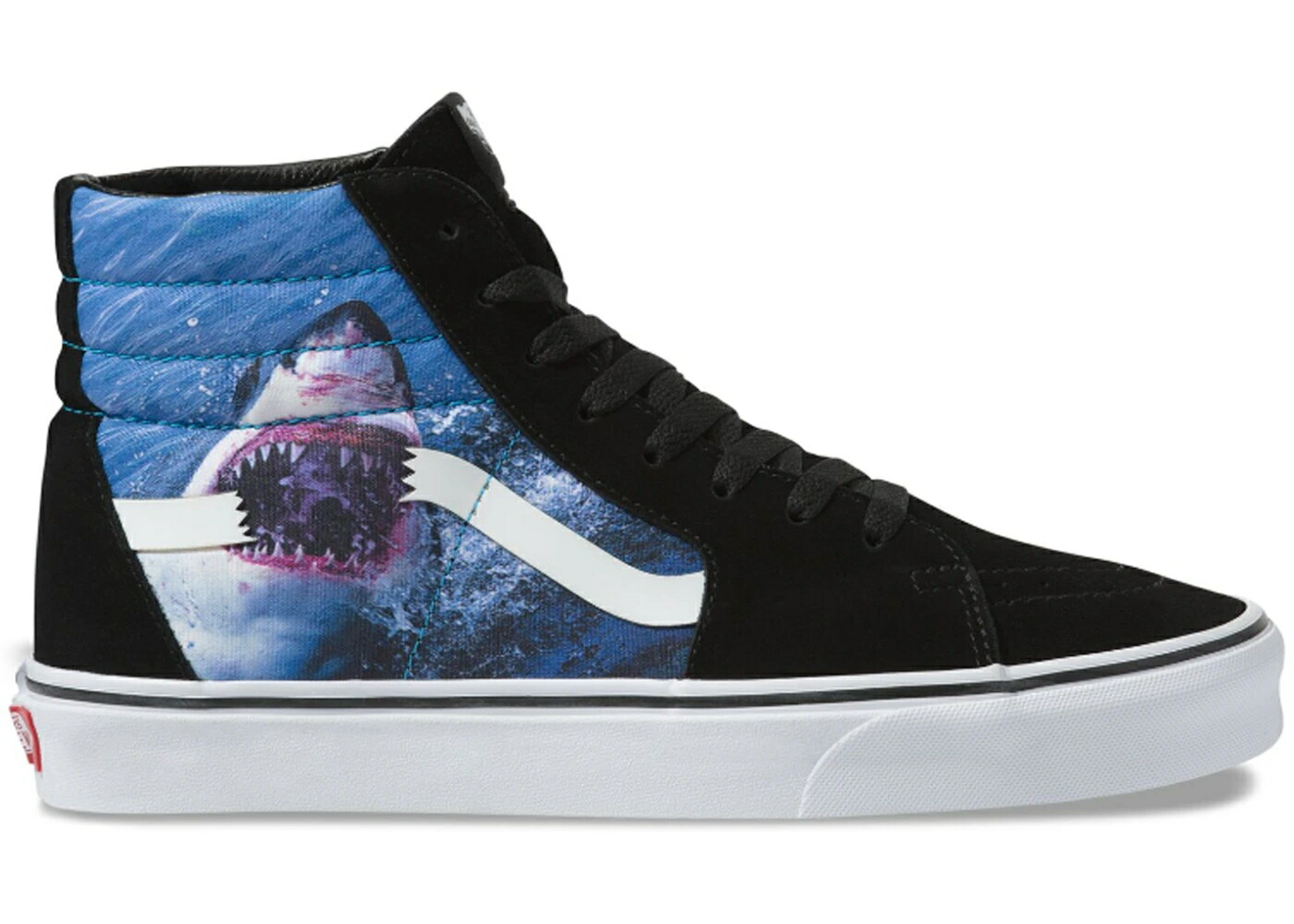 ヴァンズ バンズ スケートハイ シャーク 黒色 ブラック 白色 ホワイト スニーカー メンズ VANS SK8-HI DISCOVERY SHARK WEEK (2019) / BLACK TRUE WHITE｜スニケス