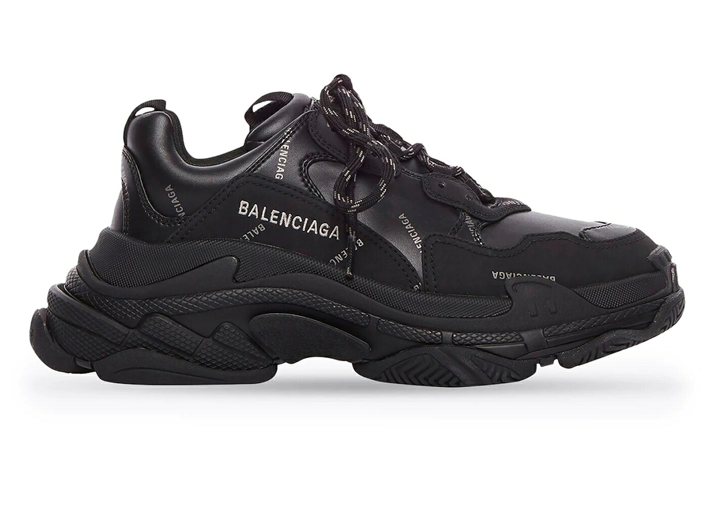 バレンシアガ ロゴ 黒色 ブラック 灰色 グレー レザー フリー スニーカー メンズ BALENCIAGA TRIPLE S ALLOVER LOGO BLACK GREY LEATHER FREE / BLACK GREY