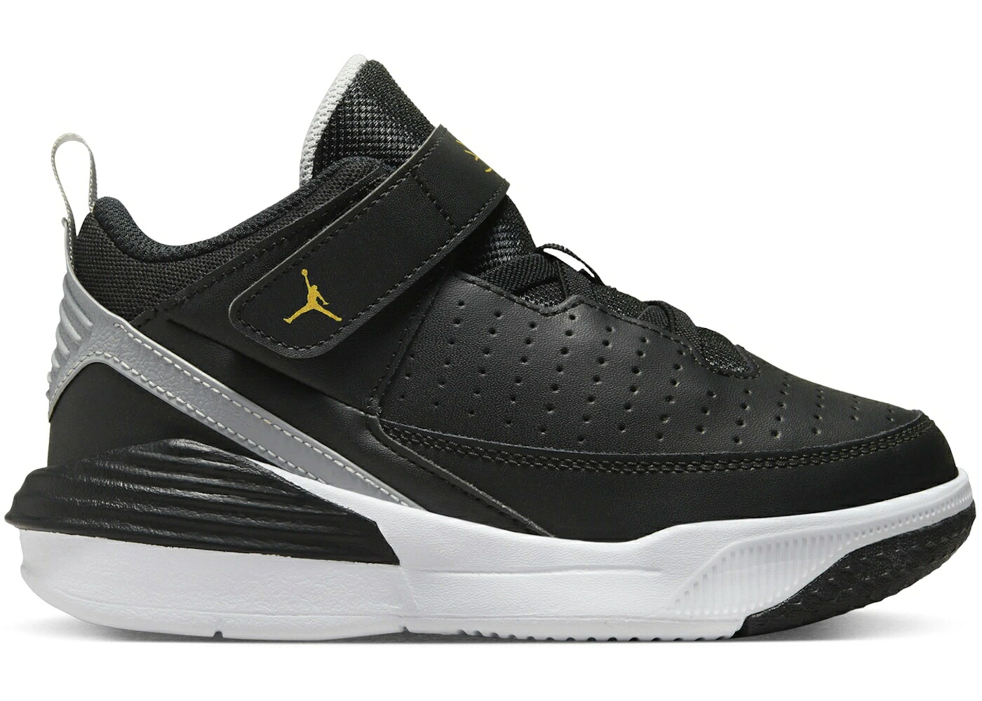 ナイキ ジョーダン マックス オーラ 黒色 ブラック 白色 ホワイト 灰色 グレー ゴールド ジュニア キッズ JORDAN MAX AURA 5 BLACK WHITE WOLF GREY METALLIC GOLD (PS) / BLACK WHITE WOLF GREY METALLIC ベビー マ