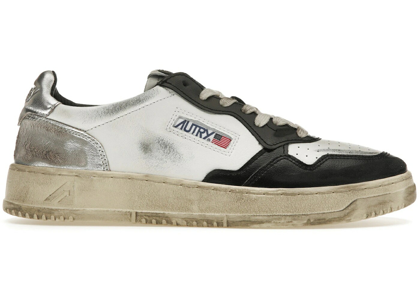 レザー 白色 ホワイト 黒色 ブラック 銀色 シルバー スニーカー メンズ AUTRY MEDALIST LEATHER LOW DISTRESSED WHITE BLACK SILVER / WHITE BLACK SILVER