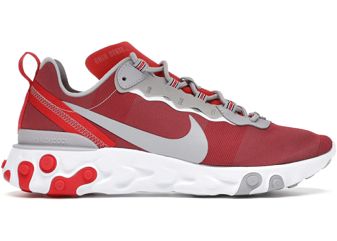 ナイキ リアクト エレメント 赤 レッド 白色 ホワイト 灰色 グレー スニーカー メンズ NIKE REACT ELEMENT 55 OSU / UNIVERSITY RED WHITE WOLF GREY｜スニケス