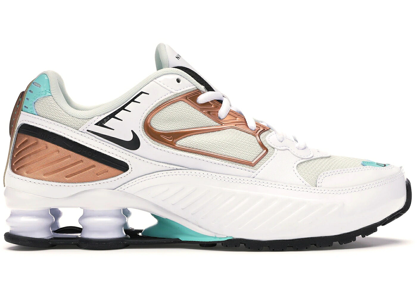 ナイキ ショックス 白色 ホワイト オーラ 緑 グリーン ローズ ゴールド 黒色 ブラック WOMEN'S スニーカー レディース NIKE SHOX ENIGMA WHITE AURA GREEN ROSE GOLD (WOMEN'S) / WHITE BLACK SPRUCE AURA AURORA｜スニケス