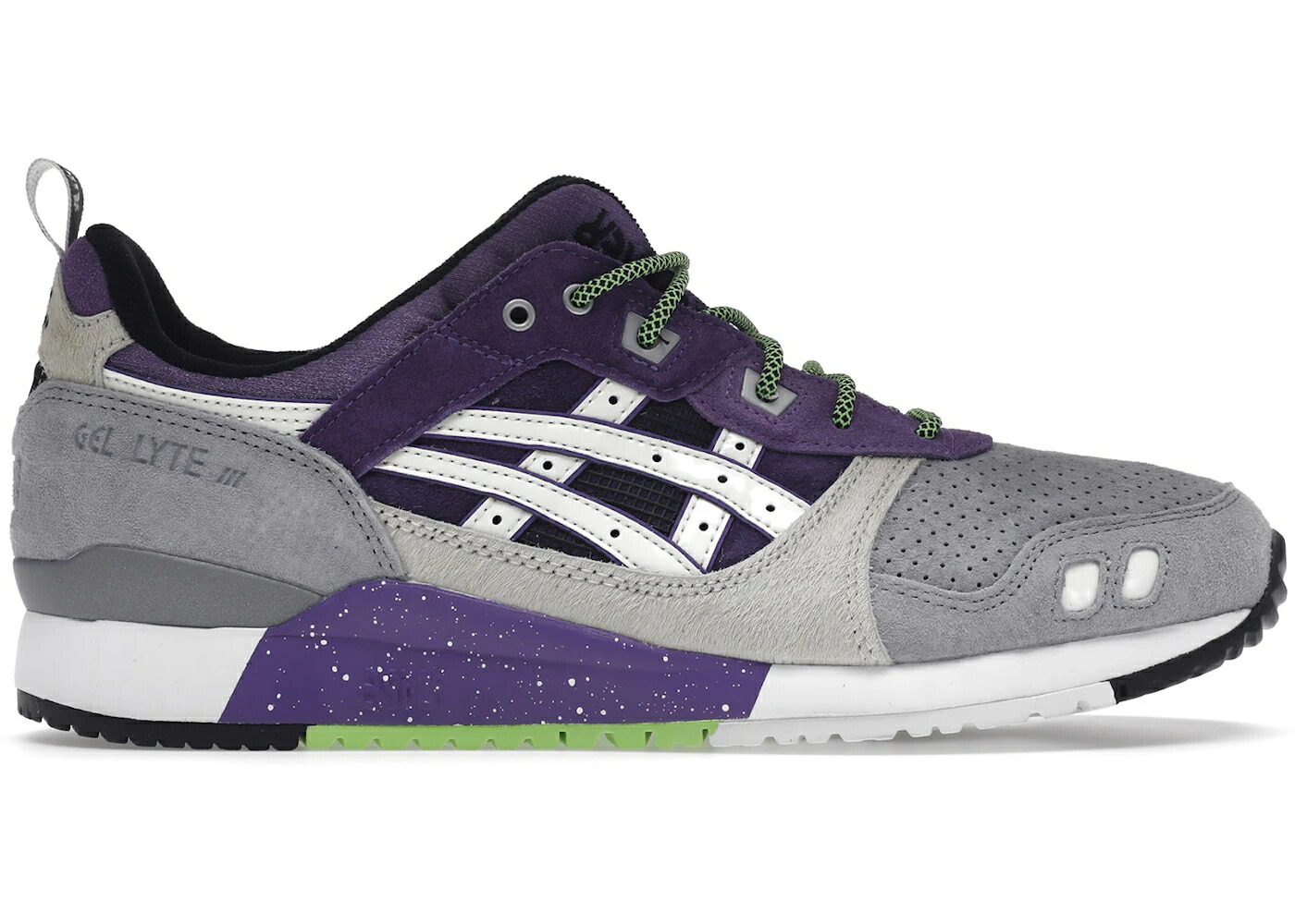 アシックス ゲルライト 靴 スニーカー 灰色 グレー 紫 パープル 緑 グリーン メンズ ASICS GEL-LYTE III OG SNEAKER FREAKER ATMOS ALLEY CATS / GREY PURPLE NEON GREEN