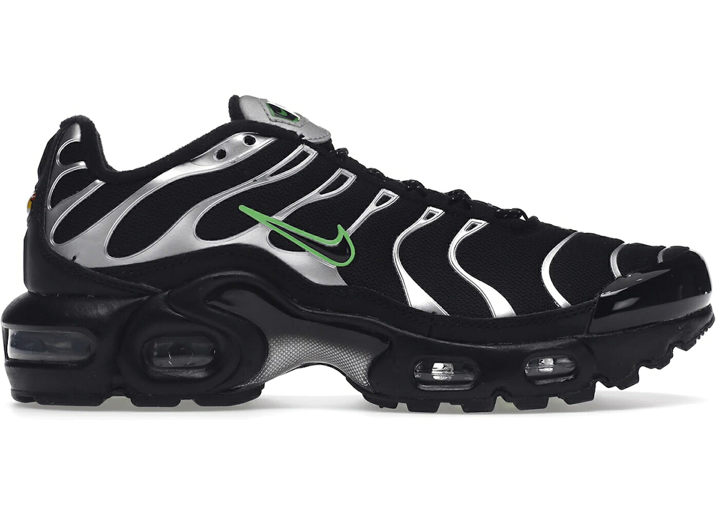 ナイキ マックス 黒色 ブラック 緑 グリーン ストライク 銀色 シルバー エアマックスプラス ジュニア キッズ NIKE AIR MAX PLUS BLACK GREEN STRIKE METALLIC SILVER (GS) / BLACK GREEN STRIKE METALLIC ベビー