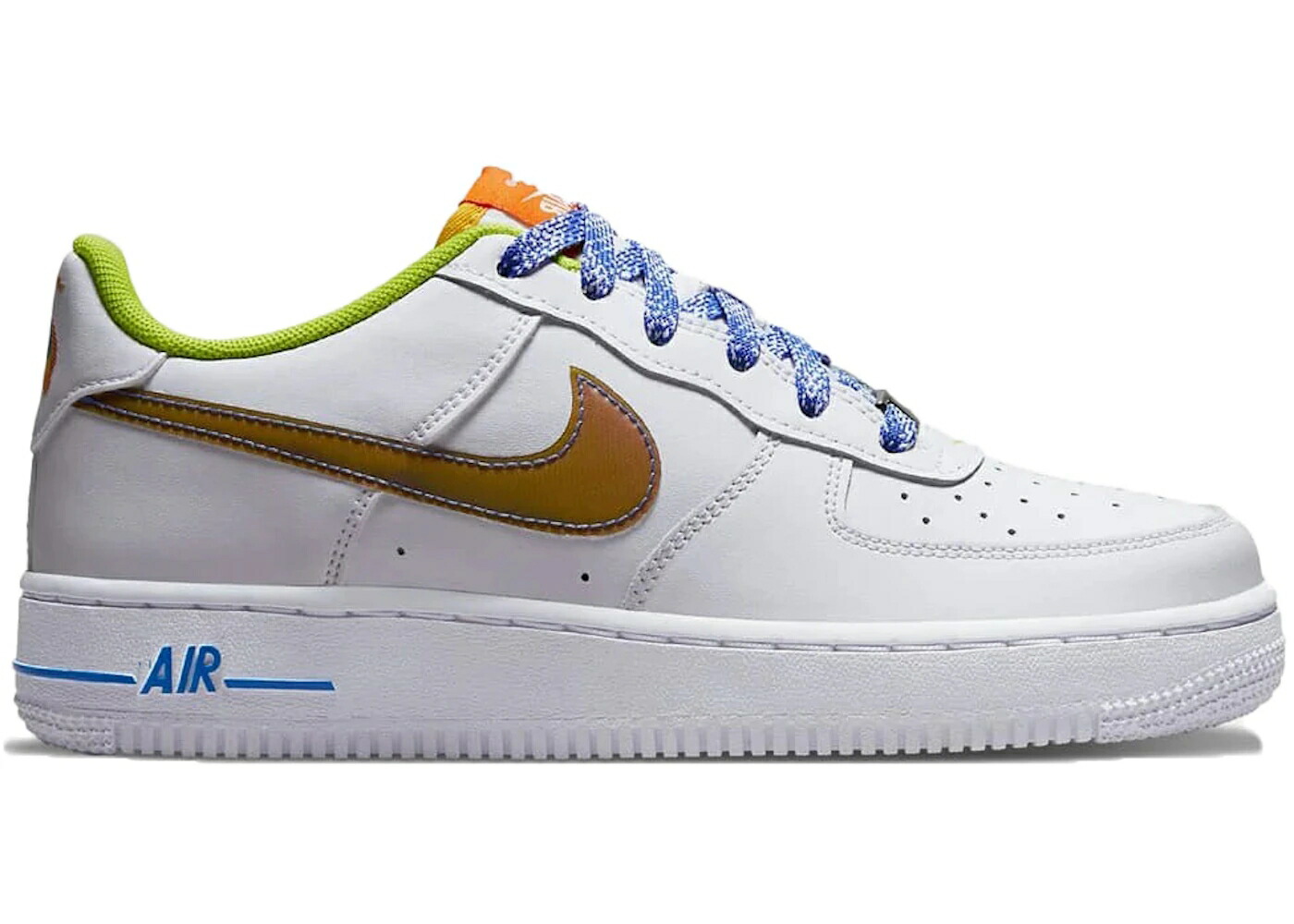 ナイキ スウッシュ スウォッシュ 白色 ホワイト 青色 ブルー 橙 オレンジ エアフォース ジュニア キッズ NIKE AIR FORCE 1 LOW COLOR-SHIFT SWOOSH WHITE (GS) / WHITE MEDIUM BLUE MAGMA ORANGE ベビー マタニテ