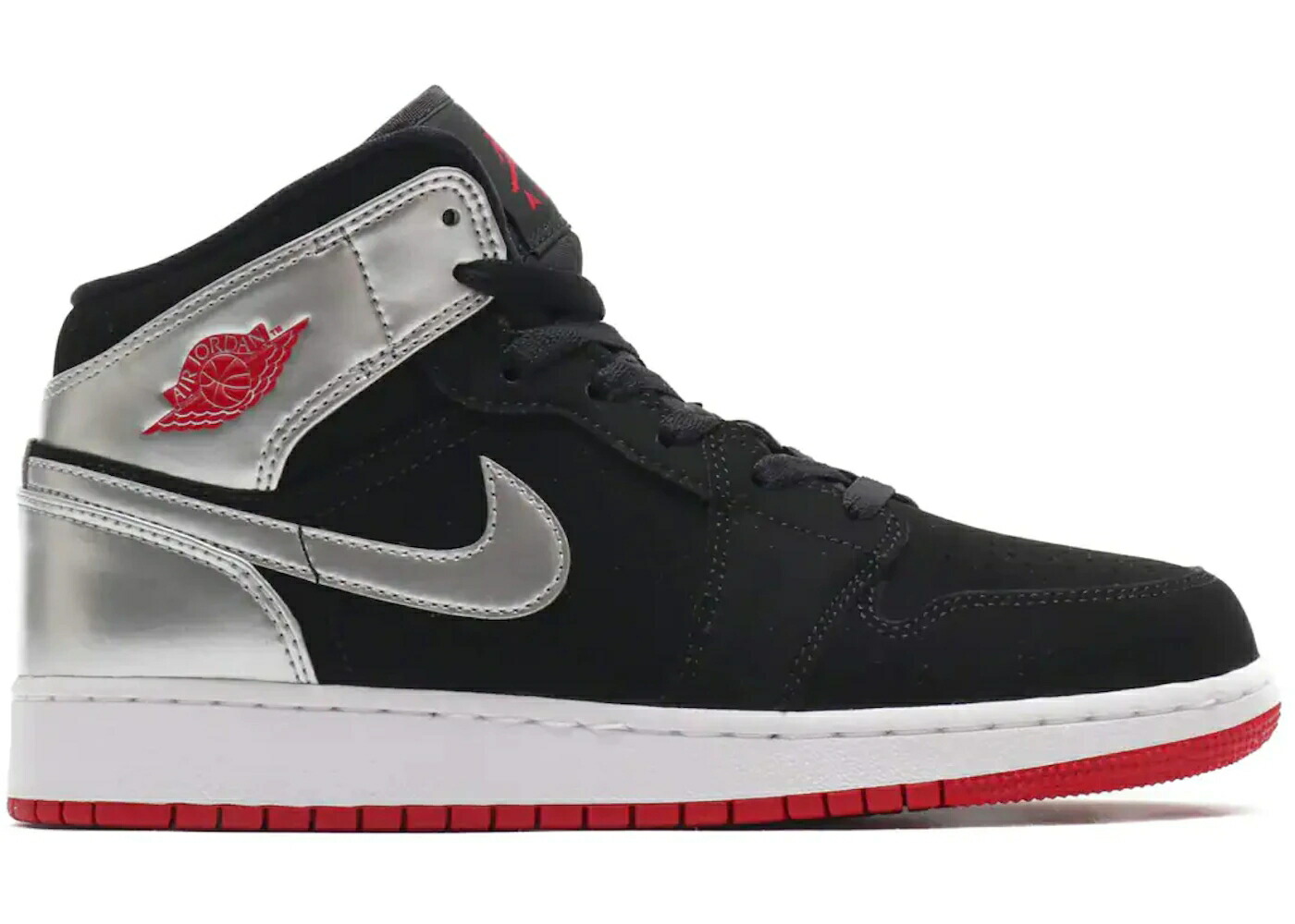 ナイキ ジョーダン ミッド 黒色 ブラック 赤 レッド 銀色 シルバー ジュニア キッズ JORDAN 1 MID BLACK RED SILVER (GS) / BLACK GYM RED METALLIC SILVER ベビー マタニティ スニーカー