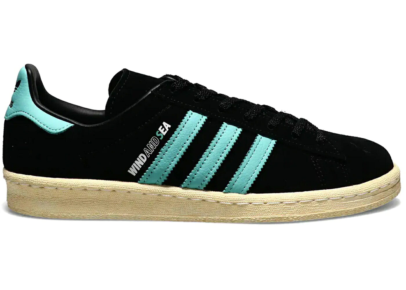 アディダス キャンパス コア 黒色 ブラック 白色 ホワイト スニーカー メンズ ADIDAS CAMPUS 80S ATMOS WIND AND SEA / CORE BLACK OFF WHITE WHITE TEAL
