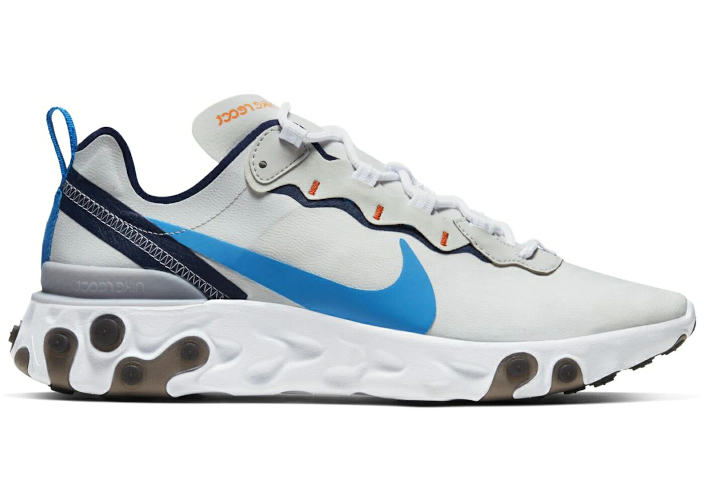 ナイキ リアクト エレメント 青色 ブルー 灰色 グレー 白色 ホワイト 銀色 シルバー スニーカー メンズ NIKE REACT ELEMENT 55 CLEAR BLUE / VAST GREY WHITE LIGHT SILVER｜スニケス