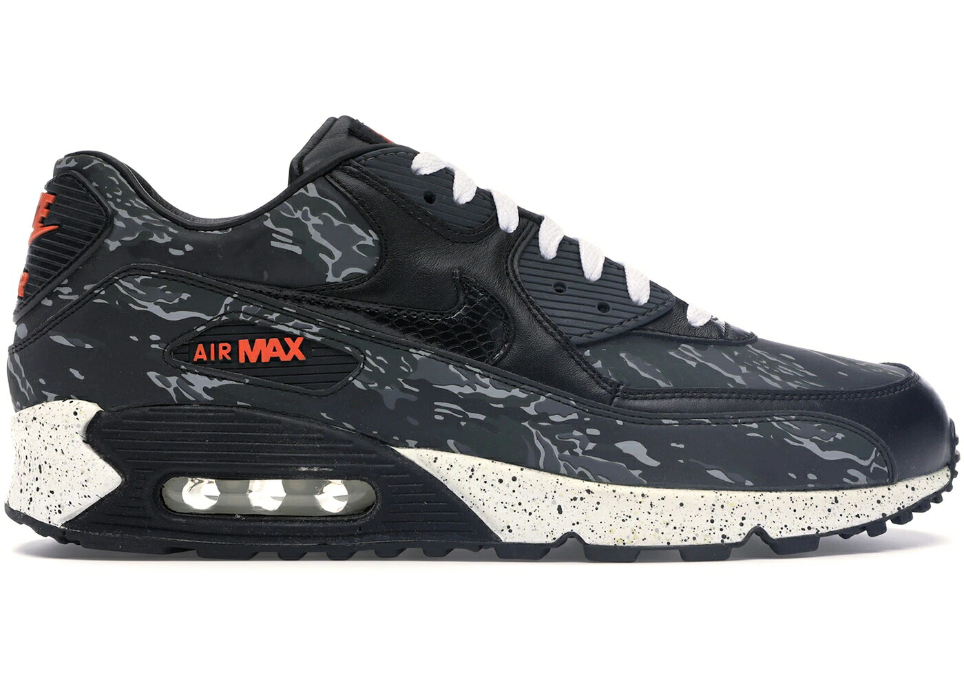 ナイキ マックス 黒いこと 黒いこと 間鴨柄 濃灰色 橙 オレンジ色 エア湖マックス スニーカー メンズ NIKE AIR MAX 90 ATMOS BLACK TIGER CAMO / BLACK BLACK DARK CHARCOAL ORANGE