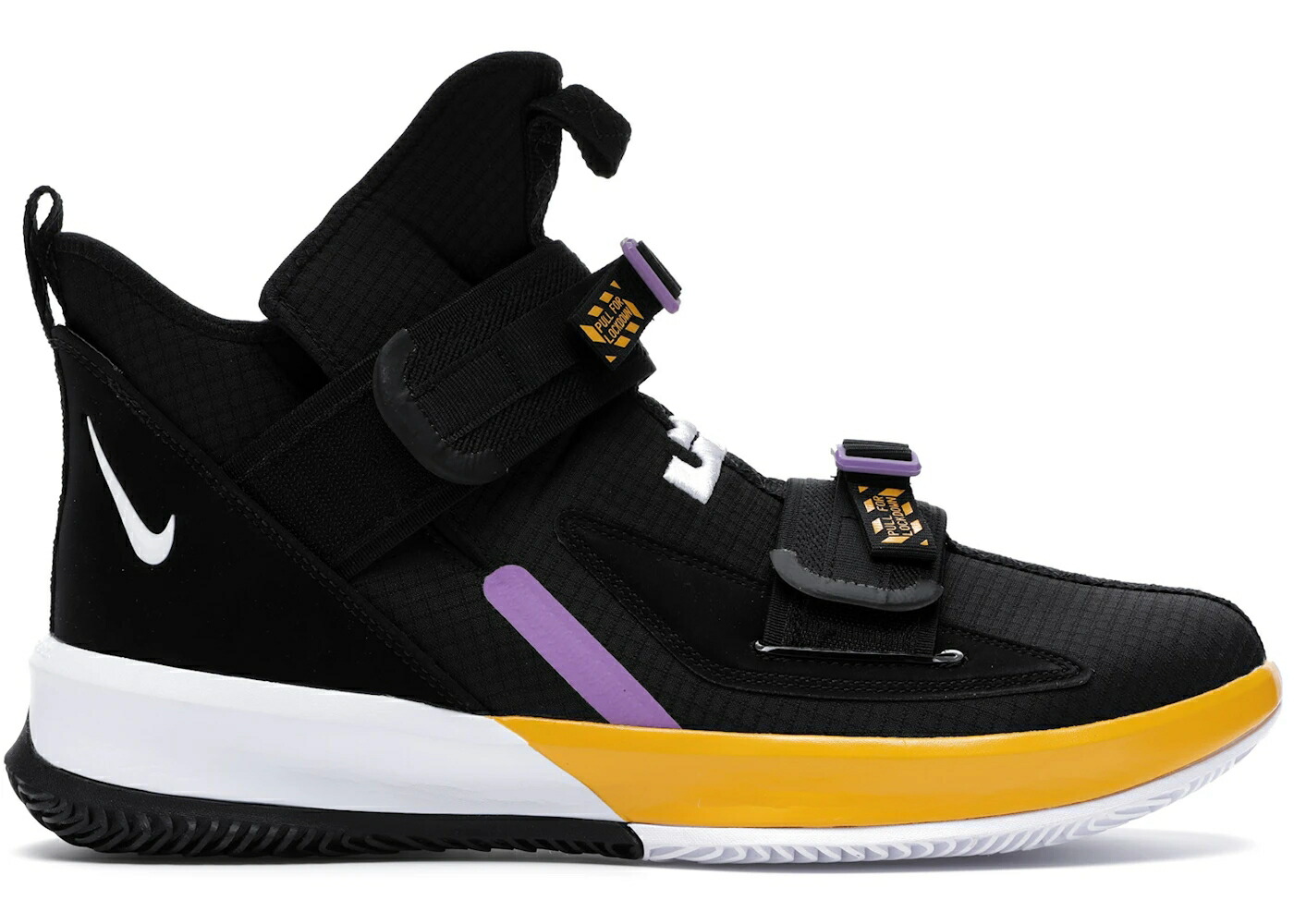 ナイキ レブロン ソルジャー サーティーン レイカーズ 黒色 ブラック 白色 ホワイト ゴールド スニーカー メンズ NIKE LEBRON SOLDIER 13 LAKERS / BLACK WHITE UNIVERSITY GOLD