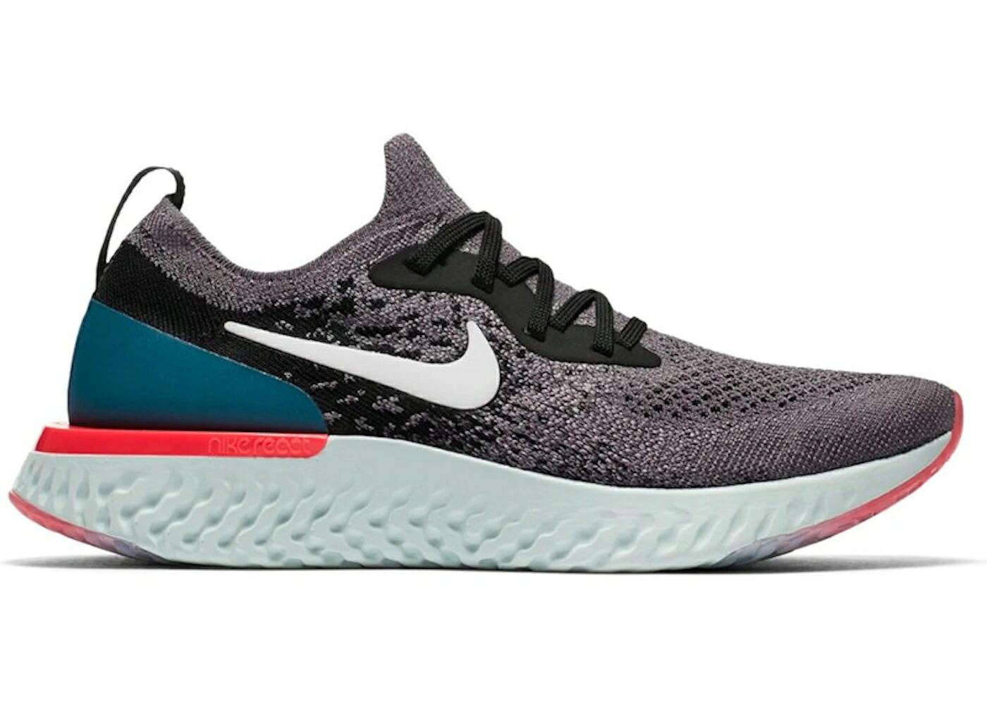 ナイキ エピック リアクト フライニット 黒色 ブラック 白色 ホワイト ジュニア キッズ NIKE EPIC REACT FLYKNIT GUNSMOKE BLACK GEODE TEAL (GS) / GUNSMOKE BLACK GEODE TEAL WHITE ベビー マタニティ スニーカ｜スニケス