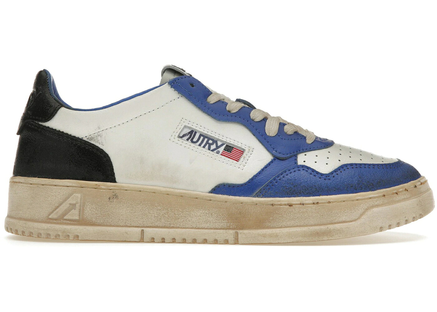 レザー 白色 ホワイト 黒色 ブラック アズール スニーカー メンズ AUTRY MEDALIST LEATHER LOW DISTRESSED WHITE BLACK AZURE / WHITE BLACK AZURE