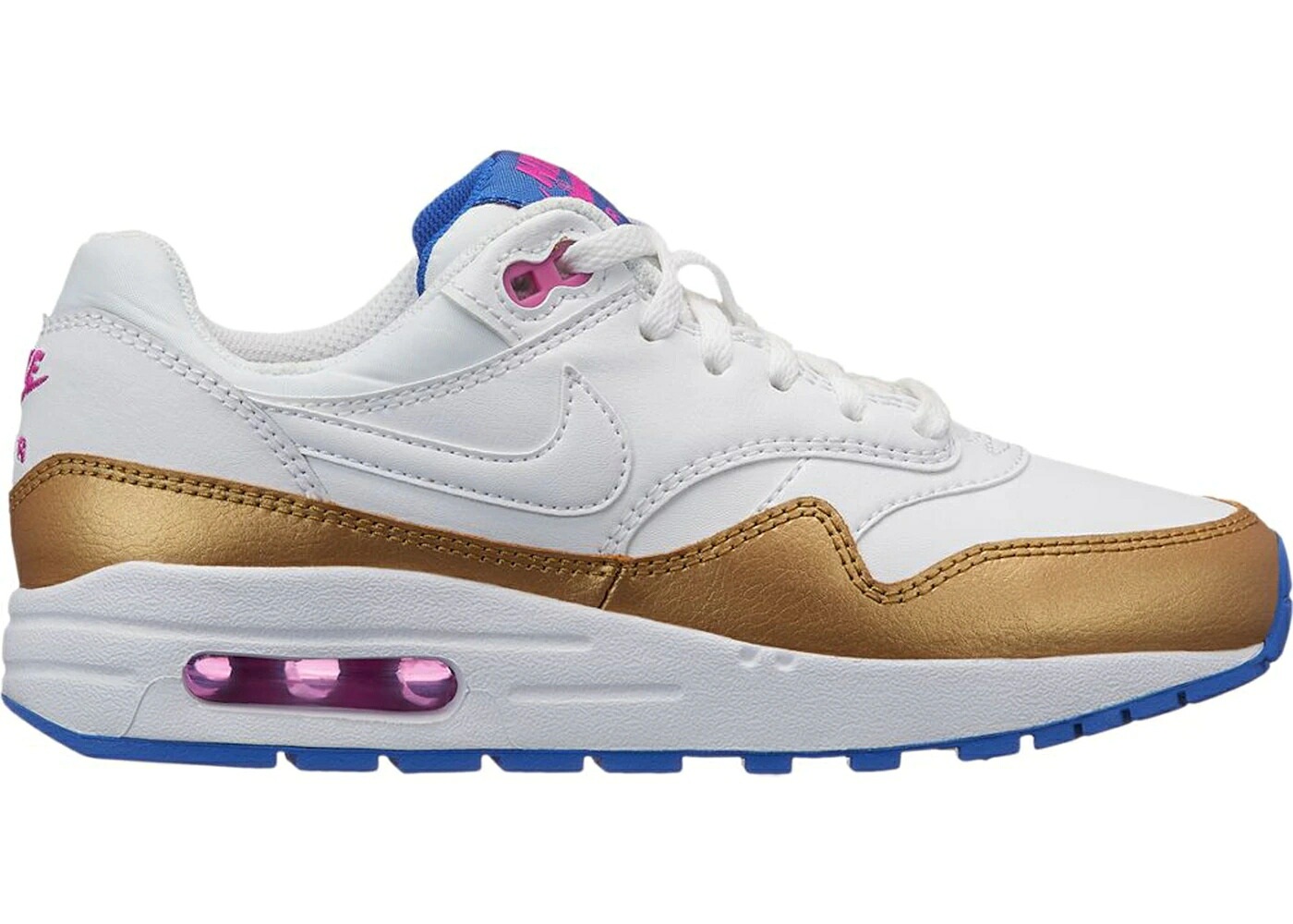 ナイキ マックス 白色 ホワイト ゴールド 青色 ブルー エアマックス & ジュニア キッズ NIKE AIR MAX 1 PEANUT BUTTER JELLY (GS) / WHITE METALLIC GOLD RACER BLUE ベビー マタニティ スニーカー|スニケス