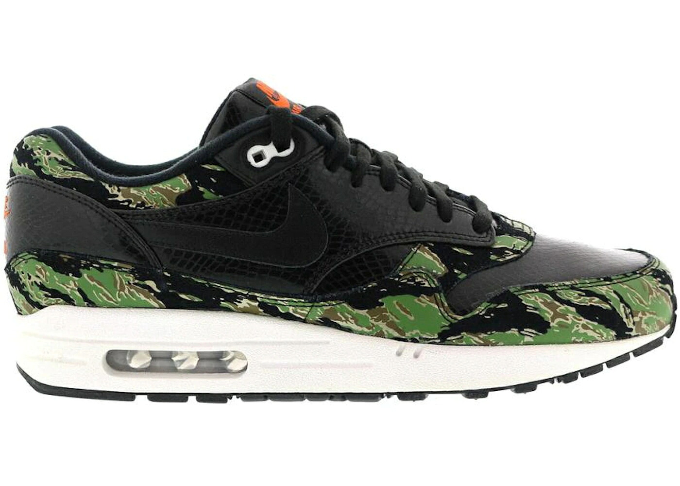 ナイキ マックス 家鴨柄 黒いこと 黒いこと 濃灰色 橙 オレンジ色 大気圏マックス スニーカー メンズ NIKE AIR MAX 1 ATMOS TIGER CAMO SNAKESKIN / BLACK BLACK DARK CHARCOAL ORANGE