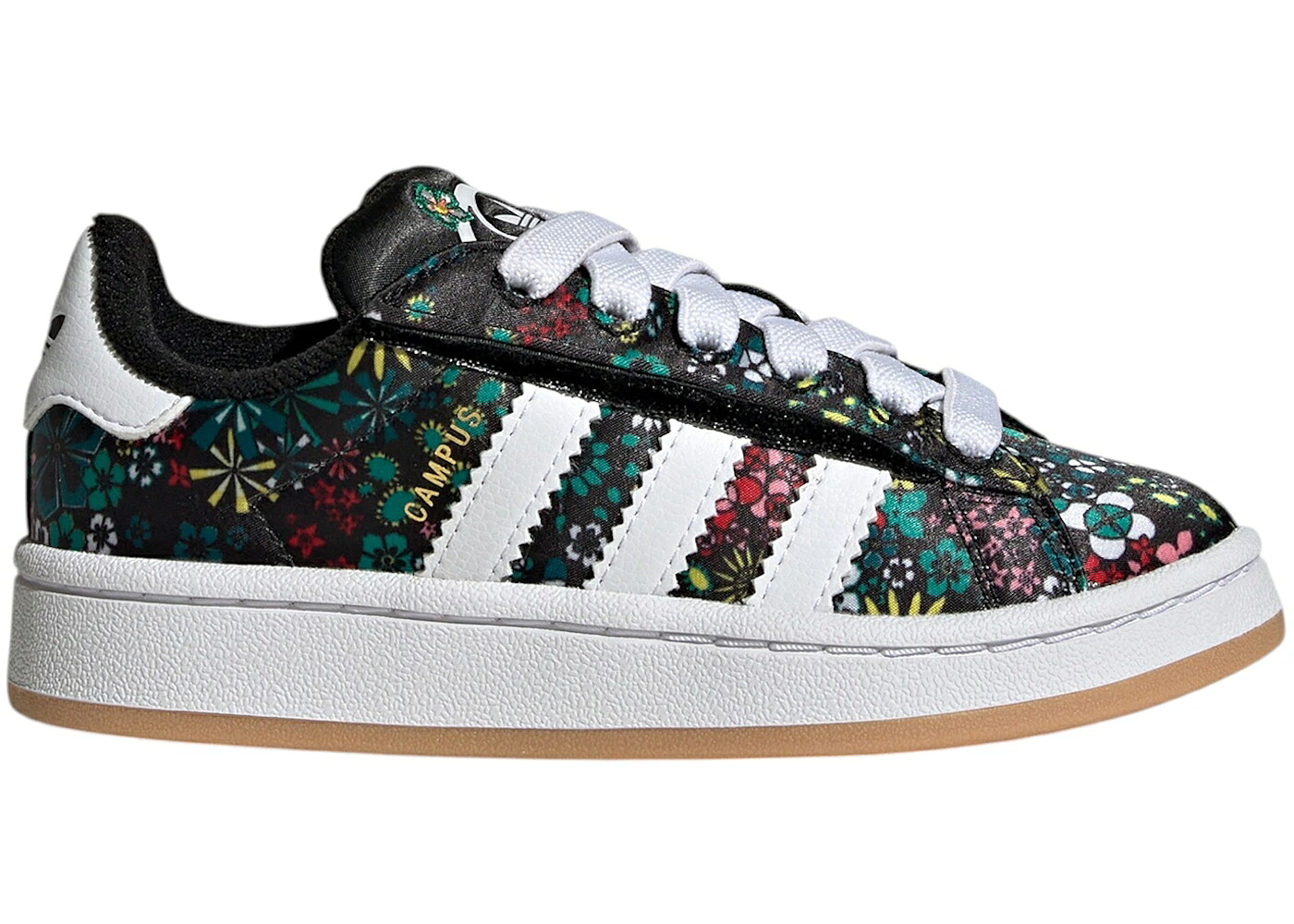 アディダス キャンパス 黒色 ブラック コア 白色 ホワイト ゴールド ジュニア キッズ ADIDAS CAMPUS 00S COMFORT CLOSURE LIBERTY LONDON BLACK FLORAL (PS) / CORE BLACK CLOUD WHITE GOLD ベビー マタニティ スニー｜スニケス