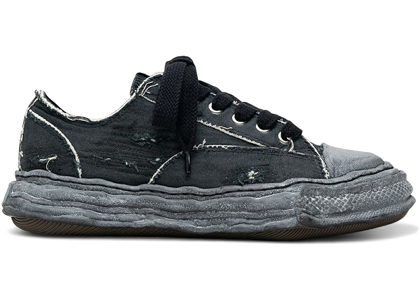 メゾン ミハラヤスヒロ 黒色 ブラック スニーカー メンズ MAISON MIHARA YASUHIRO MAISON MIHARA YASUHIRO PETERSON 23 OG SOLE RIPPED OVERDYE CANVAS LOW BLACK / BLACK BLACK｜スニケス