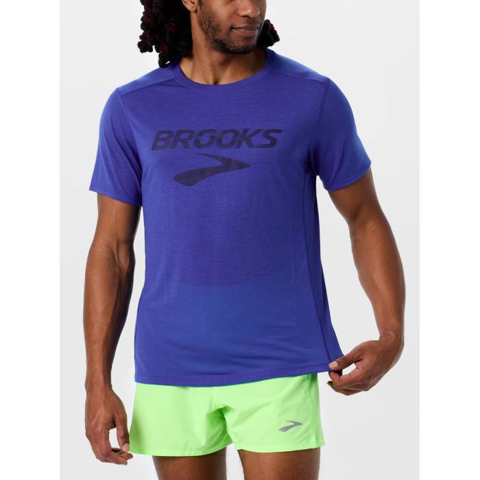 ブルックス Brooks 【 Men's Logo Distance Short Sleeve 3.0 Men Neo Blue 】 メンズ ロゴ Sleeve スリーブ メンズ ネオ 青色 ブルー