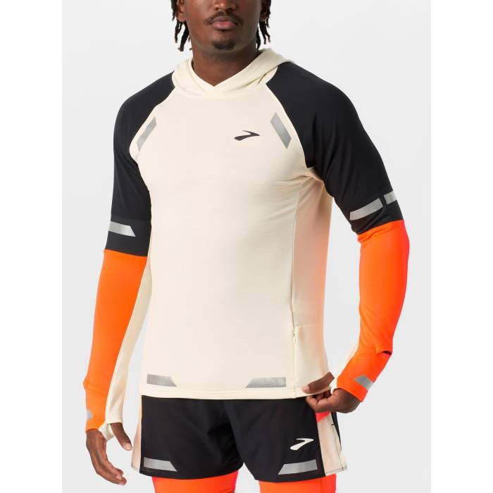 ブルックス Brooks 【 Men\u0027s Run Visible Notch Thermal Hoodie 2.0 Men Ecru/Fluoro Flash 】 メンズ 幽客 フーディー パーカー メンズ