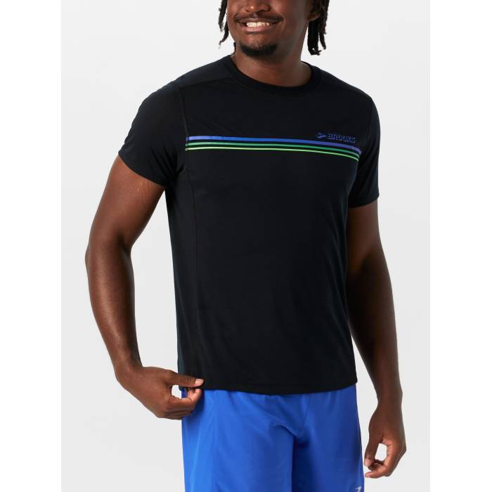 ブルックス Brooks 【 Men's Stripes Distance Short Sleeve 3.0 Men Black 】 メンズ Sleeve スリーブ メンズ 黒色 ブラック