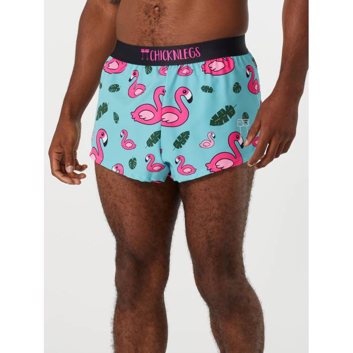 Chicknlegs 【 Men\u0027s Blue Flamingos 2\" Split Shorts Men Blue Flamingos 】 メンズ 青み 青色 さる股引き メンズ 青み 青色"