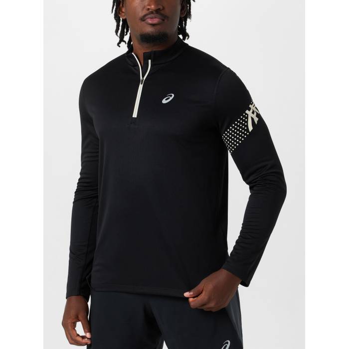 アシックス Asics 【 Men\u0027s Icon 1/2 Zip Long Sleeve Top Men Performance Black 】 メンズ アイコン Sleeve 捩り メンズ 演奏 黒いこと 黒いこと