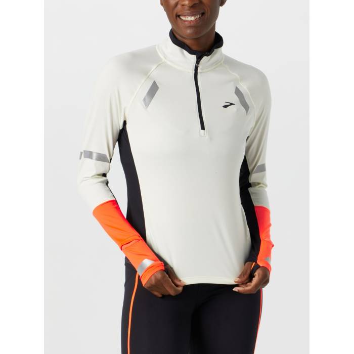ブルックス Brooks 【 Women's Run Visible 1/2 Zip 2.0 Women Ecru/Fluoro Flash 】 レディース ラン レディース