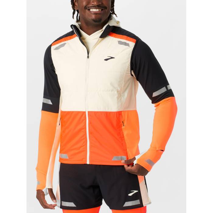 ブルックス Brooks 【 Men\u0027s Run Visible Insulated Vest 2.0 Men Ecru/Fluoro Flash 】 メンズ 幽客 より良い メンズ