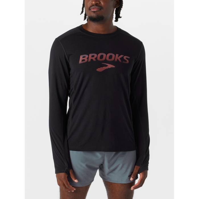 【★百貨店SALE★6/11十二時2時迄】ブルックス Brooks 【 Men\u0027s Distance Long Sleeve 3.0 Men Black/Br Speed Logo 】 メンズ Sleeve 捩り メンズ 黒いこと 黒いこと Speed す早さ ロゴタイプ