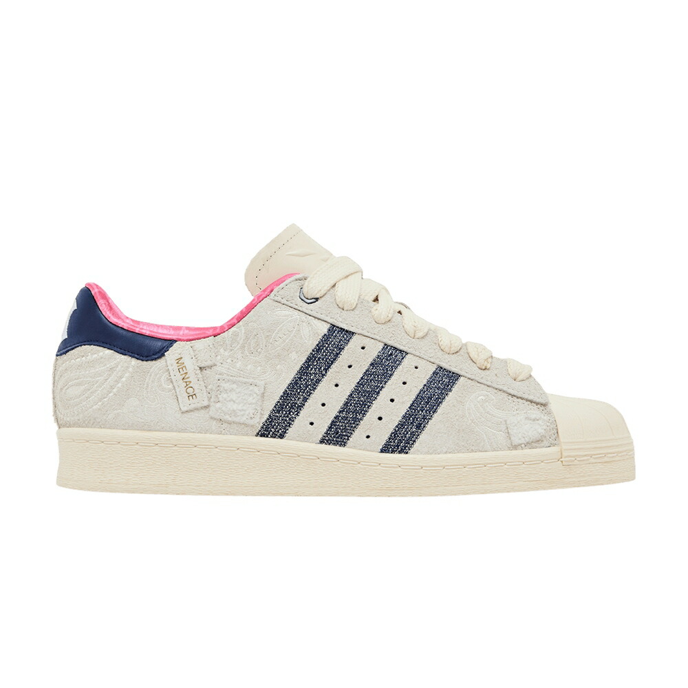 アディダス スーパースター 白色 ホワイト 青色 ブルー ローズ WONDER BLUE スニーカー メンズ ADIDAS MENACE X SUPERSTAR 82 WHITE DARK / WONDER WHITE DARK BLUE HAZY ROSE