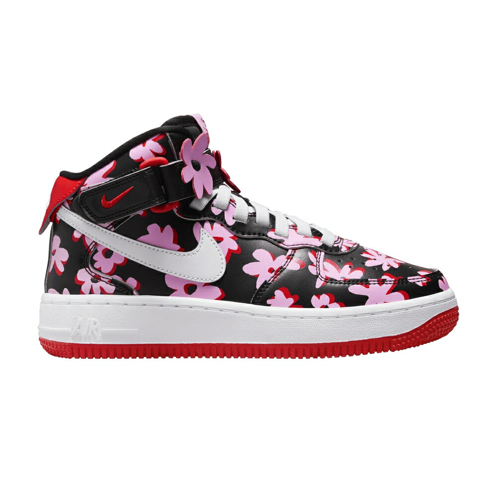 ナイキ ミッド 黒色 ブラック ピンク ライズ 赤 レッド エアフォース 'FLOWER POWER' ジュニア キッズ NIKE AIR FORCE 1 MID EASYON SE GS / BLACK PINK RISE PICANTE RED ベビー マタニティ スニーカー