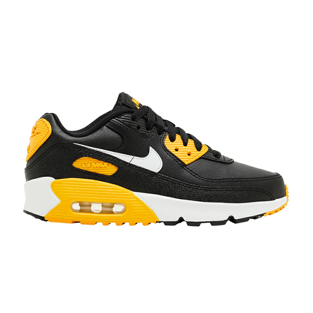 ナイキ マックス レザー 黒色 ブラック ゴールド 白色 ホワイト エアマックス 'BLACK GOLD' ジュニア キッズ NIKE AIR MAX 90 LEATHER GS UNIVERSITY / BLACK UNIVERSITY GOLD WHITE ベビー マタニティ スニーカ｜スニケス