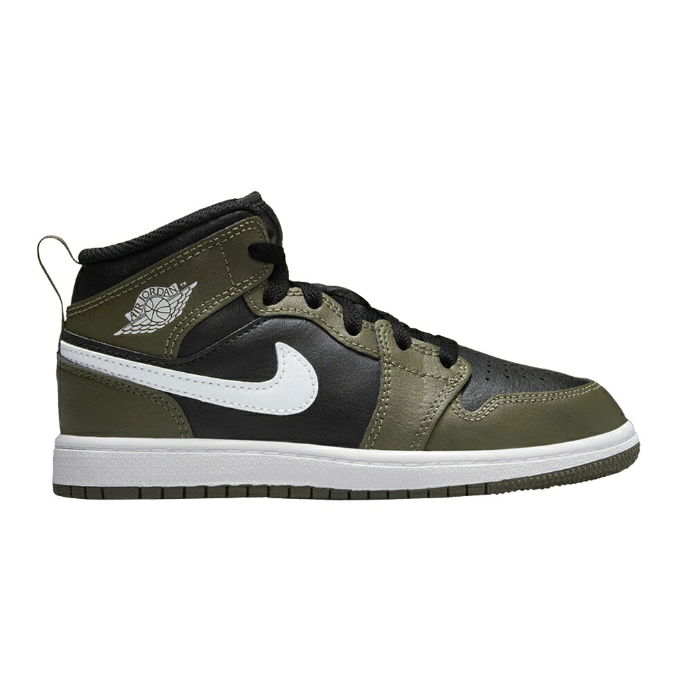 ナイキ ミッド 黒色 ブラック オリーブ 白色 ホワイト エアジョーダン 'MEDIUM OLIVE' ジュニア キッズ AIR JORDAN AIR JORDAN 1 MID PS / BLACK MEDIUM OLIVE WHITE ベビー マタニティ スニーカー｜スニケス