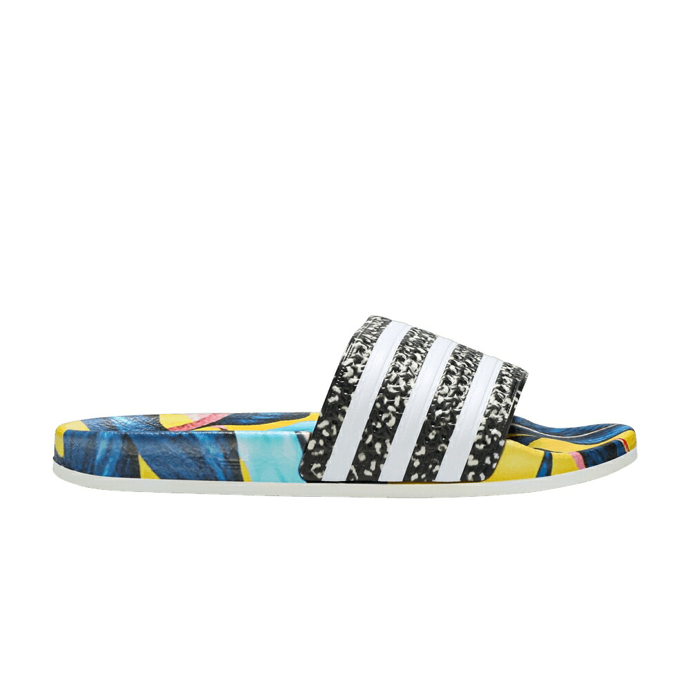 アディダス アディレッタ 黒色 ブラック 白色 ホワイト コア 'TROPICAL PRINT' スニーカー レディース ADIDAS WMNS ADILETTE SLIDES LEAF / BLACK CLOUD WHITE CORE BLACK｜スニケス