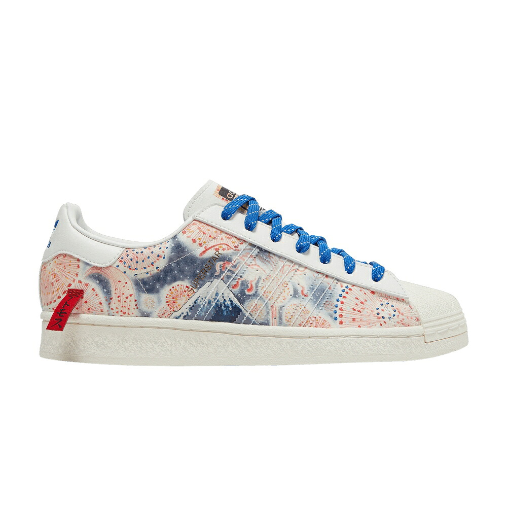 アディダス スーパースター 白色 ホワイト 青色 ブルー 'MT. FUJI' スニーカー メンズ ADIDAS ATMOS X THREE TIDES TATTOO SUPERSTAR / OFF WHITE OFF WHITE BLUE｜スニケス