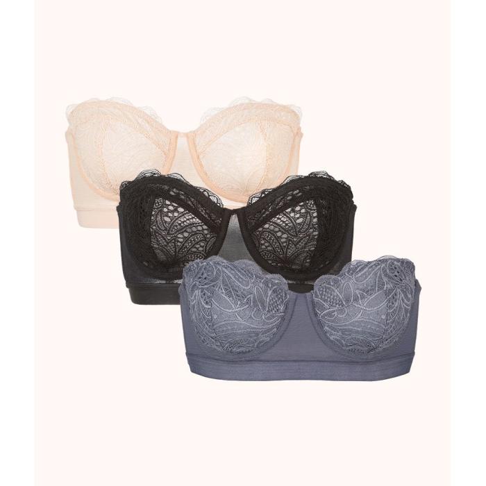Wearlively 【 The Lace Strapless Bra Trio: Smoke/Jet Black/Toasted Almond Women 】 インナー 下着 ナイトウェア レディース インナー 下着 ランジェリー ブラジャー レディース