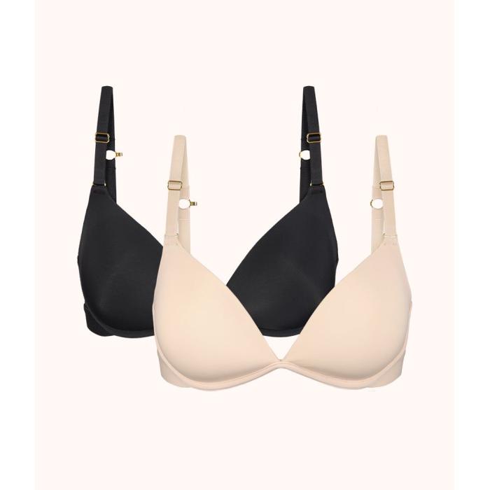 Wearlively 【 The Deep V No-Wire Push-Up Bundle: Toasted Almond/Jet Black Women 】 ディープ 黒色 ブラック インナー 下着 ナイトウェア レディース インナー 下着 ランジェリー ブラジャー レディース