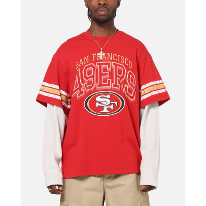 ミッチェル&ネス Mitchell & Ness 【 San Francisco 49Ers Waffle Mock Layer Long Sleeve T-Shirt Mens Red 】 フォーティーナイナーズ ワッフル Sleeve スリーブ Tシャツ メンズ Red 赤・レッド