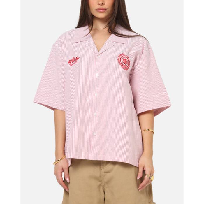 Carre 【 Rose Pinstripe Button Up Shirt Womens Red Stripe 】 Rose ローズ レディース Red 赤・レッド Stripe ストライプ