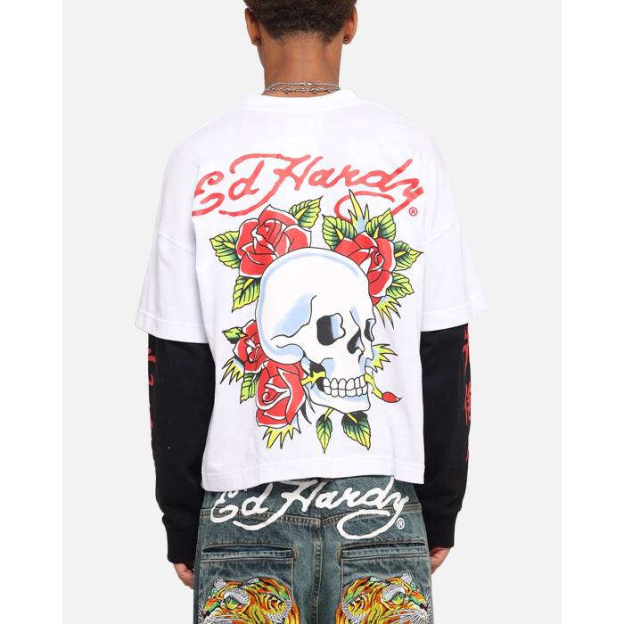 エドハーディー Ed Hardy 【 Skull Layered Long Sleeve T-Shirt Mens White 】 Sleeve スリーブ Tシャツ メンズ 白色 ホワイト｜スニケス