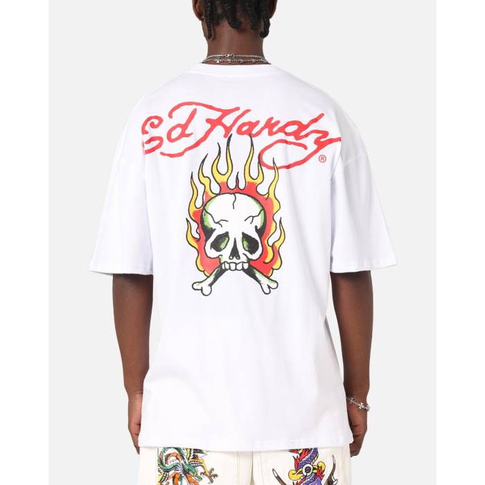 エドハーディー Ed Hardy 【 Flaming Skull T-Shirt Mens White 】 プルオーバー メンズ 白いこと 白いこと