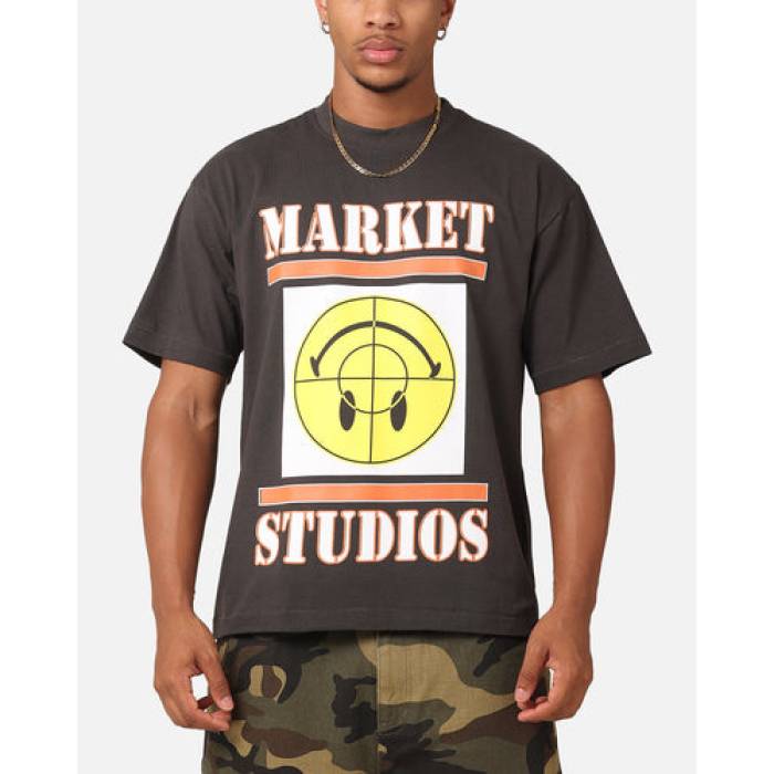 Market 【 X Smiley Focus T-Shirt Mens Washed Black 】 Tシャツ メンズ 黒色 ブラック