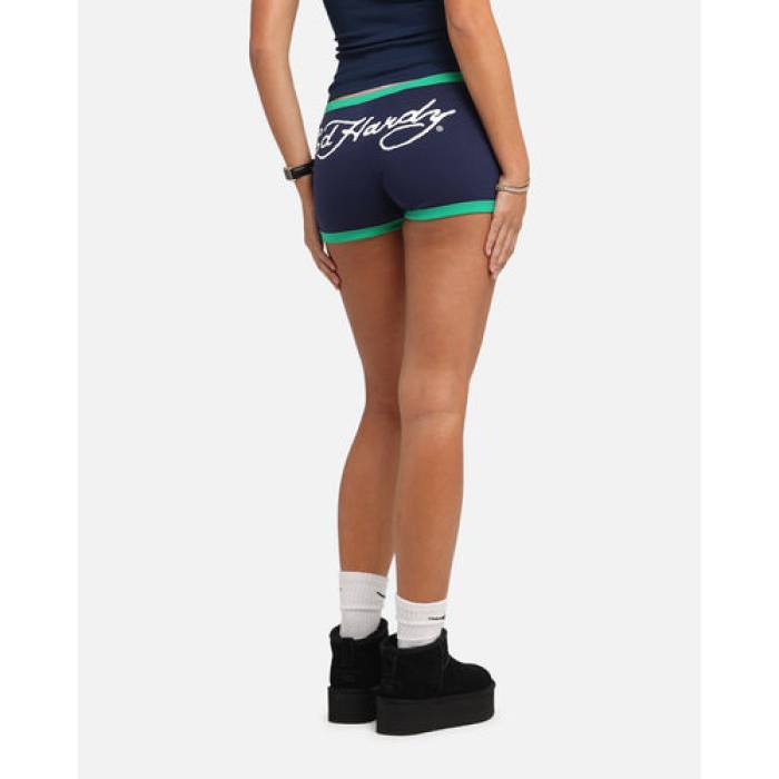 エドハーディー Ed Hardy 【 Logo Mini Shorts Womens Navy/Green 】 ロゴタイプ さる股引き レディース 紺色 米国海軍 green 緑・緑であること