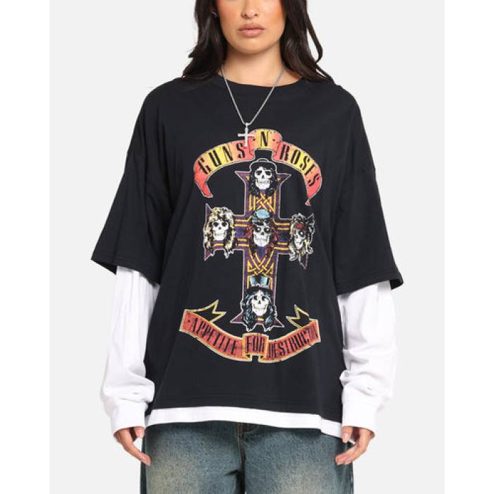 Guns N Roses 【 G N Roses Roses Layered Long Sleeve T-Shirt Womens Black Wash 】 Sleeve 捩り プルオーバー レディース 黒いこと 黒いこと